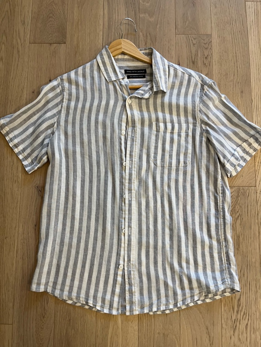 Saks Fifth Avenue Linen Viscose Striped Short Sleeve Shirt — Medium — Grey White